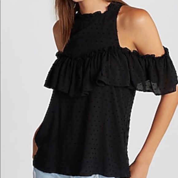 Express Tops - Ruffle high neck cold shoulder blouse